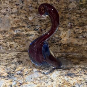 Vintage Sommerso Art Glass Duck Figurine Burgundy Blue Clear Glass Bird Decor